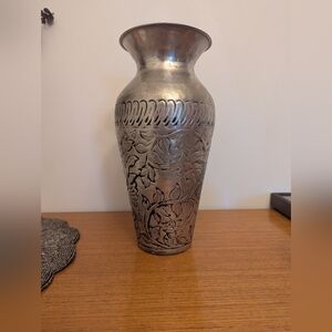 Vintage Art Deco Floral Hammered Metal Vase